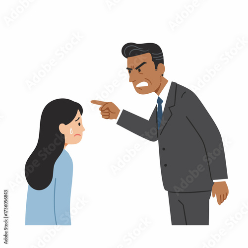 Cartoon Illustration of Angry Boss Scolding Sad Employee in Workplace Environment