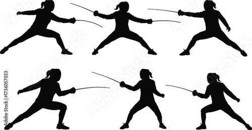 Fencing silhouettes, sword fighting action, dynamic poses, Olympic sport, martial arts movement, black figures isolated on white, competitive fencing illustration for education, design