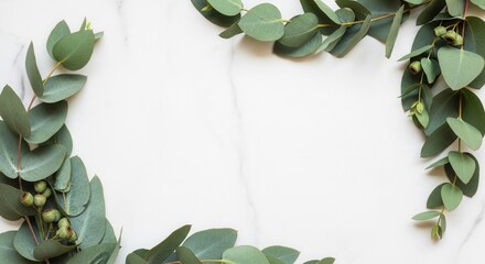 Green eucalyptus branches with rounded leaves and small seed pods frame a white marble background with subtle gray veining