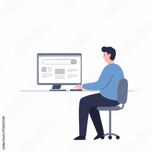 Flat Illustration of Man Sitting on Chair Working on Computer