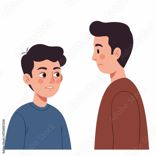 Flat Cartoon Style Illustration of Father and Son Having Conversation Together