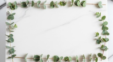 Green eucalyptus leaves forming a rectangular frame on a white marble surface centered with clear space