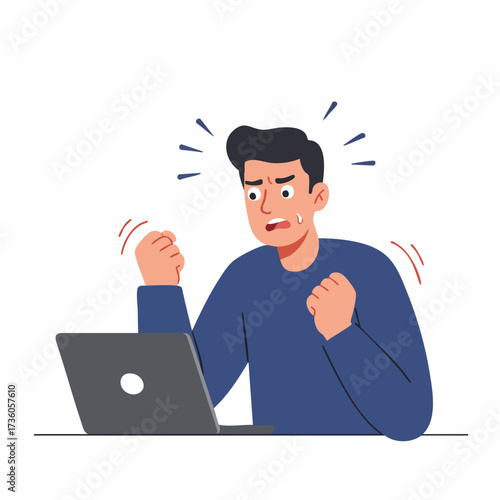 Flat Illustration Frustrated Man Using Laptop Computer Feeling Anger Expression