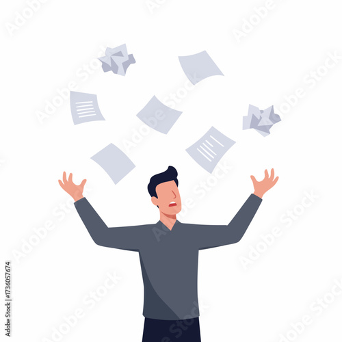 Flat Style Detail Frustrated Man Throwing Crumpled Paper Documents Illustration