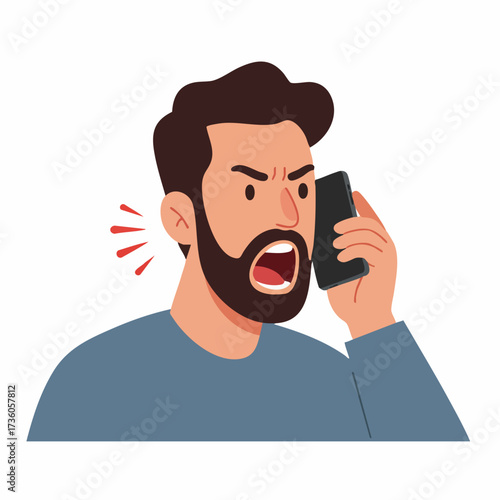 Flat Style Angry Man Talking on Smartphone Expressing Annoyance Emotion