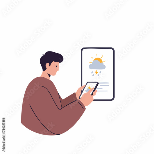 Flat Style Man Checking Weather Forecast on Smartphone Application Illustration