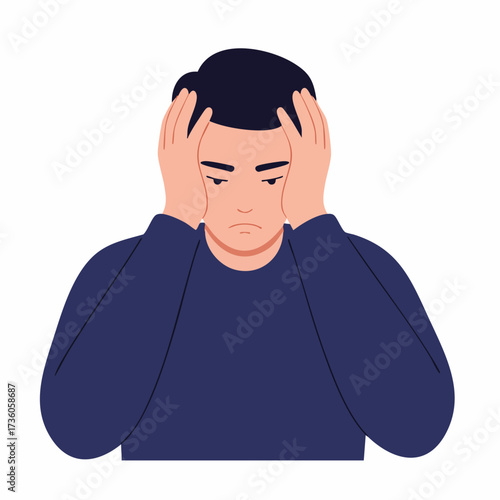 Flat Illustration Depressed Man Holding His Head Feeling Anxious