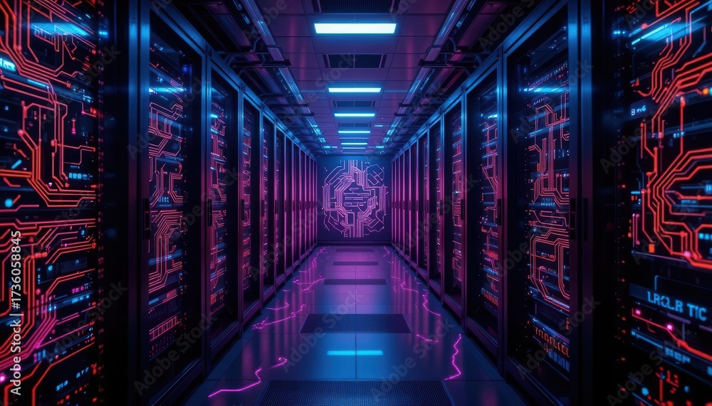 Fototapeta premium Futuristic Cloud Computing Neon Network Visualization on Rack System Background