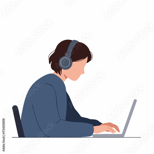Flat Illustration Young Person Working on Laptop with Headphone Online Education