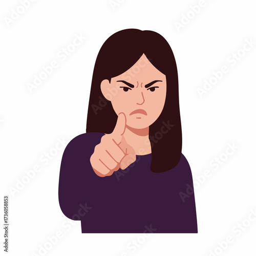 Flat Cartoon Angry Woman with Pointing Finger Expression Illustration