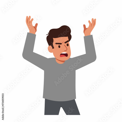 Cartoon Frustrated Man Raising Arms in Anger and Exasperation Character Illustration