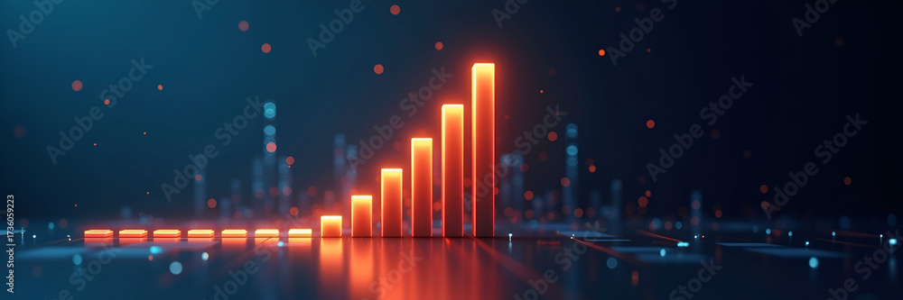 Fototapeta premium A glowing bar graph shows upward trends in financial performance, set against a professional background with ample copy space for branding and marketing elements.