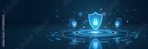 Floating lock icons and empowering shield graphics orbit a digital interface, signifying robust cybersecurity solutions in a clean, minimalistic backdrop with plenty of copy space.