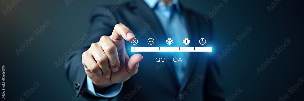 Obraz premium Hand adjusting holographic quality level slider from poor to excellent displaying QC QA symbols symbolizing quality improvement and standardization in business practices in empty space concept as Hand