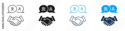Handshake With Language Translation Line And Solid Icon Set. Multilingual Partnership. Cross-Cultural Communication And International Collaboration Symbol Collection. Isolated Vector Illustration