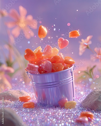 Sweet Heart Candies In A Purple Bucket With Glitter