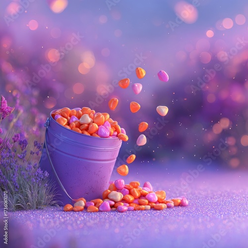 Colorful Heart Shaped Candies Falling From Bucket