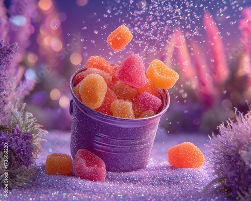 Colorful Gummy Candies Falling From Purple Bucket