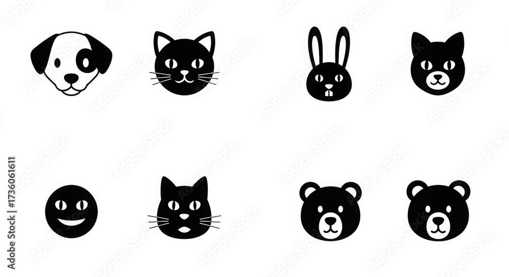Fototapeta premium Cute animal faces dog cat rabbit bear happy simple cartoon vector illustration graphic design pet icon set
