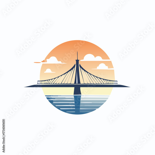 Modern Suspension Bridge Reflected in Calm Water.