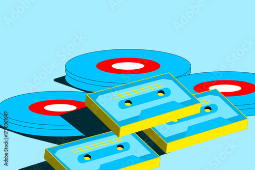 Isometric of cassette and vinyl concept background. Abstract retro player music icon. Vector illustration.