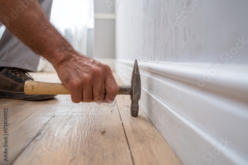 Baseboard Repair: Person Removing Skirting Board with Hammer and Chisel for Flooring Improvement