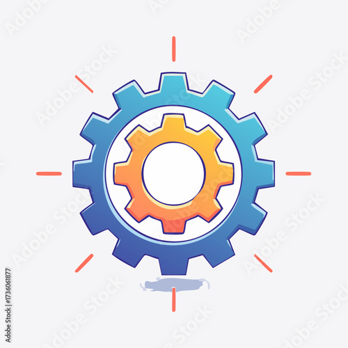 Two interlocking gears with radiating lines symbolizing innovation and progress.