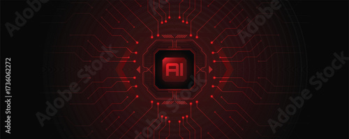 AI Core: The image showcases an artistic representation of an AI core. At the heart of the image is a central AI button, pulsating with energy, while a complex network of circuits spreads outwards.