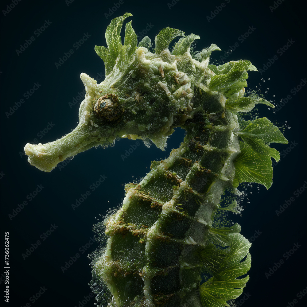Naklejka premium Algae Seahorse – Surreal Underwater Creature Made of Seaweed | Fantasy Marine Art, Eco Concept Design, 3D Render of Organic Ocean Life, Environmental Surrealism