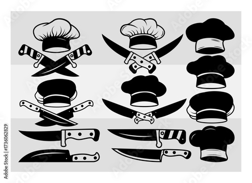 Chef Logo SVG, Chef Hat PNG, Chef Hat and Knives Clipart, Chef Knife Svg, Chef Knife Png, Restaurant Cricut Silhouette File, Print At Home