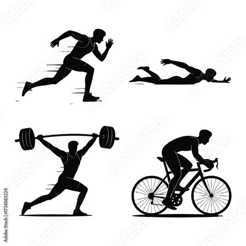 Collection of male athlete silhouettes engaged in various sports: running, swimming, weightlifting, and road cycling activity.