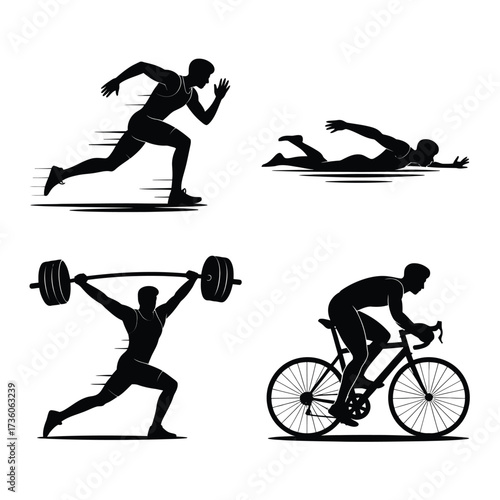 Athlete silhouettes set: dynamic runner in motion, powerful swimmer in water, strong weightlifter lifting barbell, and determined cyclist on bike.