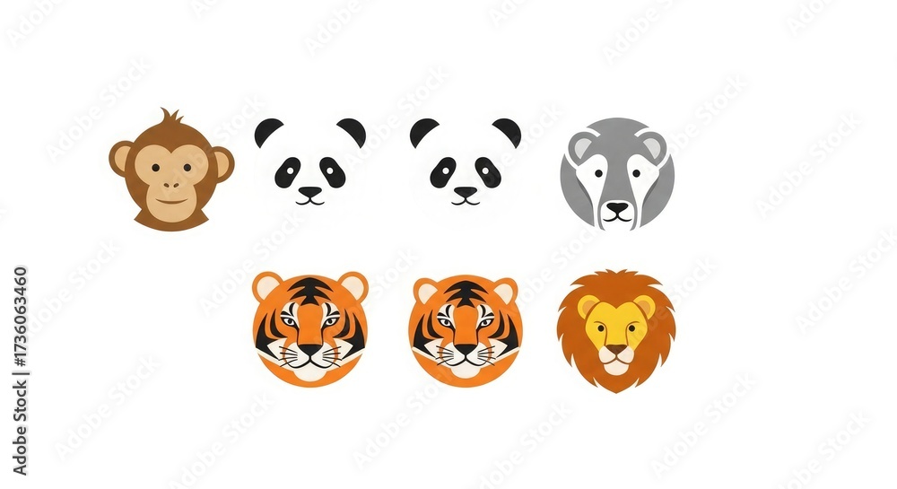 Obraz premium Animal face illustration vector set monkey panda wolf tiger lion zoo wildlife cartoon graphic design art