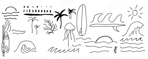 Summer Beach Doodle: a beach scene that's designed with simplicity. includes waves, palm, sun, etc..