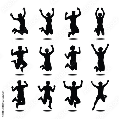 Collection of joyful people silhouettes jumping with arms raised, expressing excitement and freedom. Diverse figures in active poses.