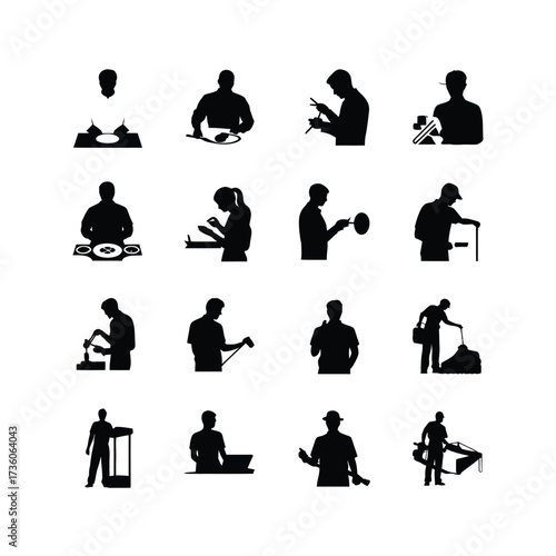 People at work silhouettes set. Various professions and activities. Professionals performing tasks, daily routines, working individuals, career roles.