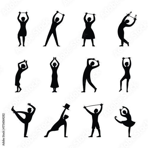 Set of people silhouettes performing various gymnastic and dance poses. Figures depict stretching, ballet, and rhythmic exercises. Diverse movements for flexibility and performance.