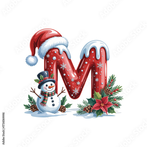 Cute Modern Christmas Alphabet with Santa Hand, Snowman, and Festive Leaves – Holiday Decorative Letters