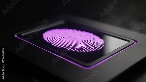 Close-up of a high-tech fingerprint scanner with vibrant purple lighting on a sleek black surface