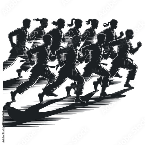 Black white silhouette group of running karate martial arts fighters. Dynamic action movement. Martial arts training or competition concept. Strong athletic figures in motion.