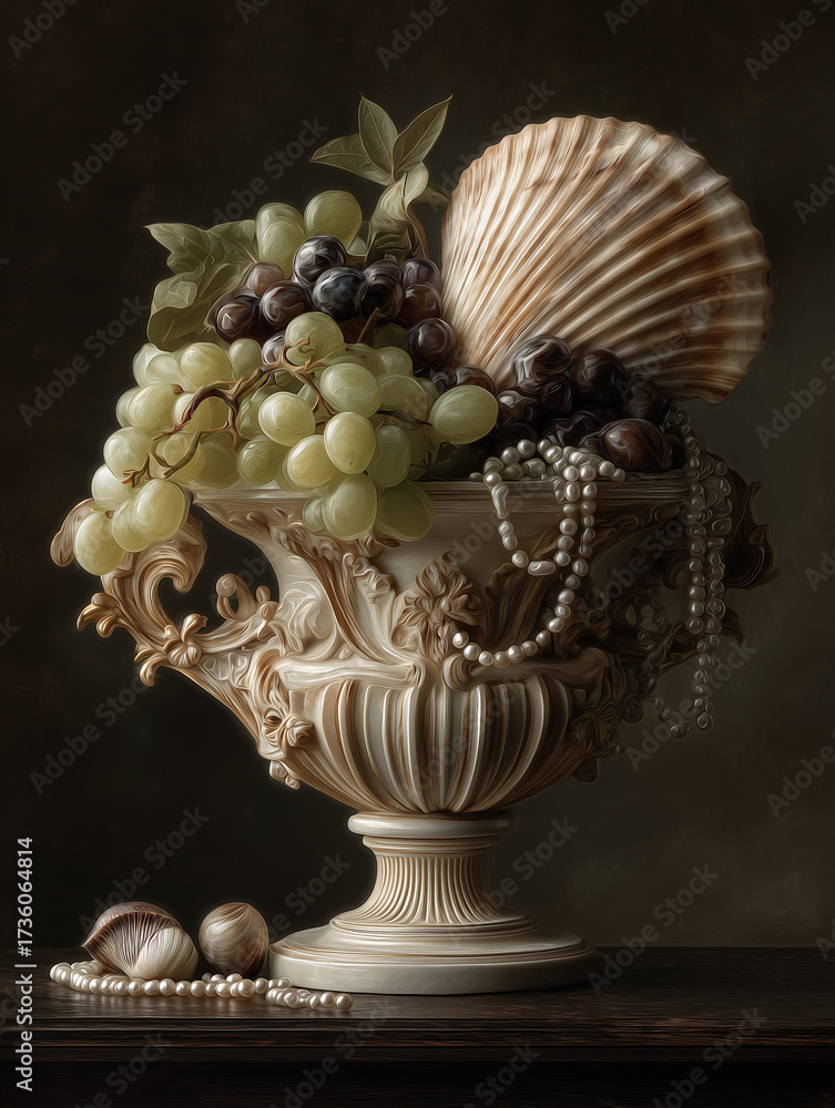 Fototapeta premium A majestic throne crafted from giant oyster shells, combining marine textures with sculptural elegance and dramatic lighting for a fantasy royal setting.
