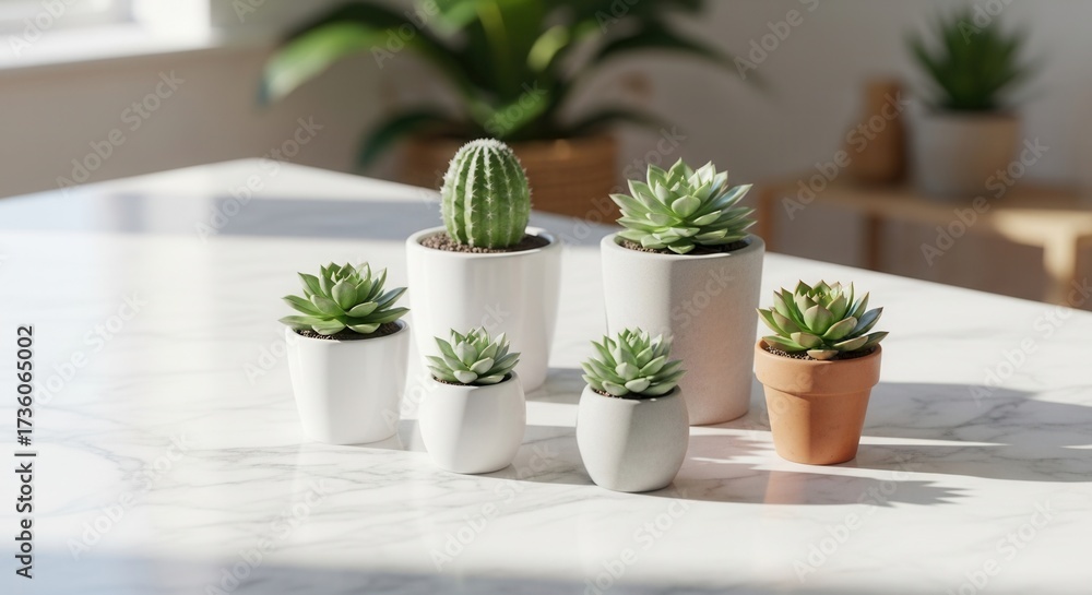 Fototapeta premium Six potted plants including a cactus on a white marble table with sunlight and shadows A blurred indoor setting is in the background