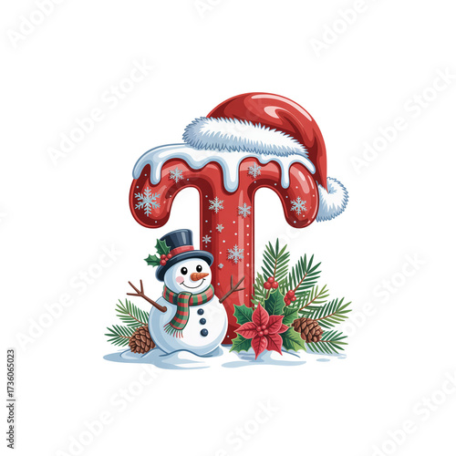 Cute Modern Christmas Alphabet with Santa Hand, Snowman, and Festive Leaves – Holiday Decorative Letters