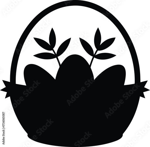Easter egg basket silhouette, Easter Basket Silhouette Vector,  Black and White Basket With Eggs Silhouette Vector Illustration 
