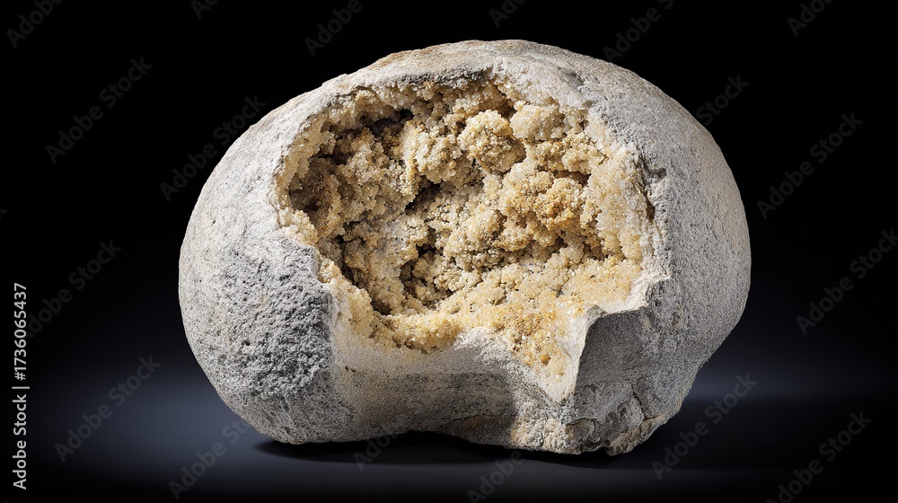 Naklejka premium density. Macro view of a rough geode core in a polished shell on dark slate, dramatic side lighting. STEM education sheets.