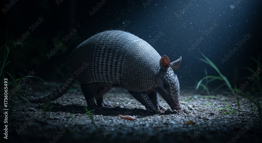Obraz premium Wild armadillo with armored shell walking in nature, symbol of wildlife and unique mammals, perfect for zoology, ecology, and exotic animal themes.