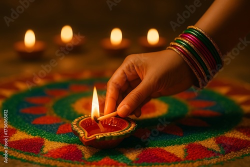 Woman hand lighting diya on colorful rangoli floor decoration with glowing lamps in background celebrating diwali festival of lights symbolizing devotion prosperity unity spirituality tradition