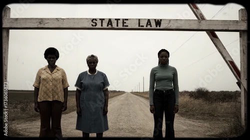 Three women stand before a 
