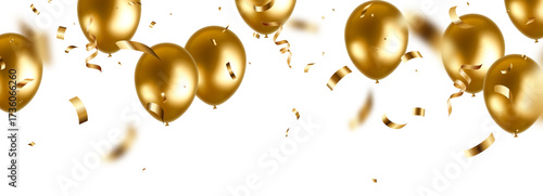 Celebration party background, gold helium balloons, confetti