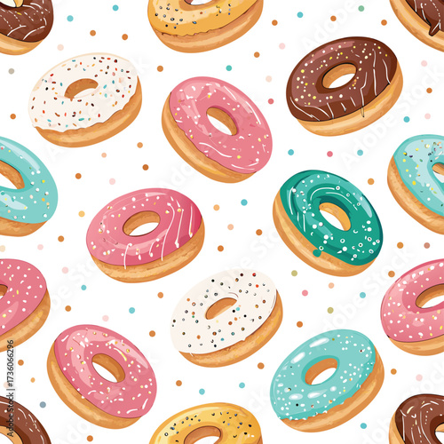 Seamless pattern of colorful donuts with various toppings, creating a fun and appetizing background, perfect for sweet treat themed designs
